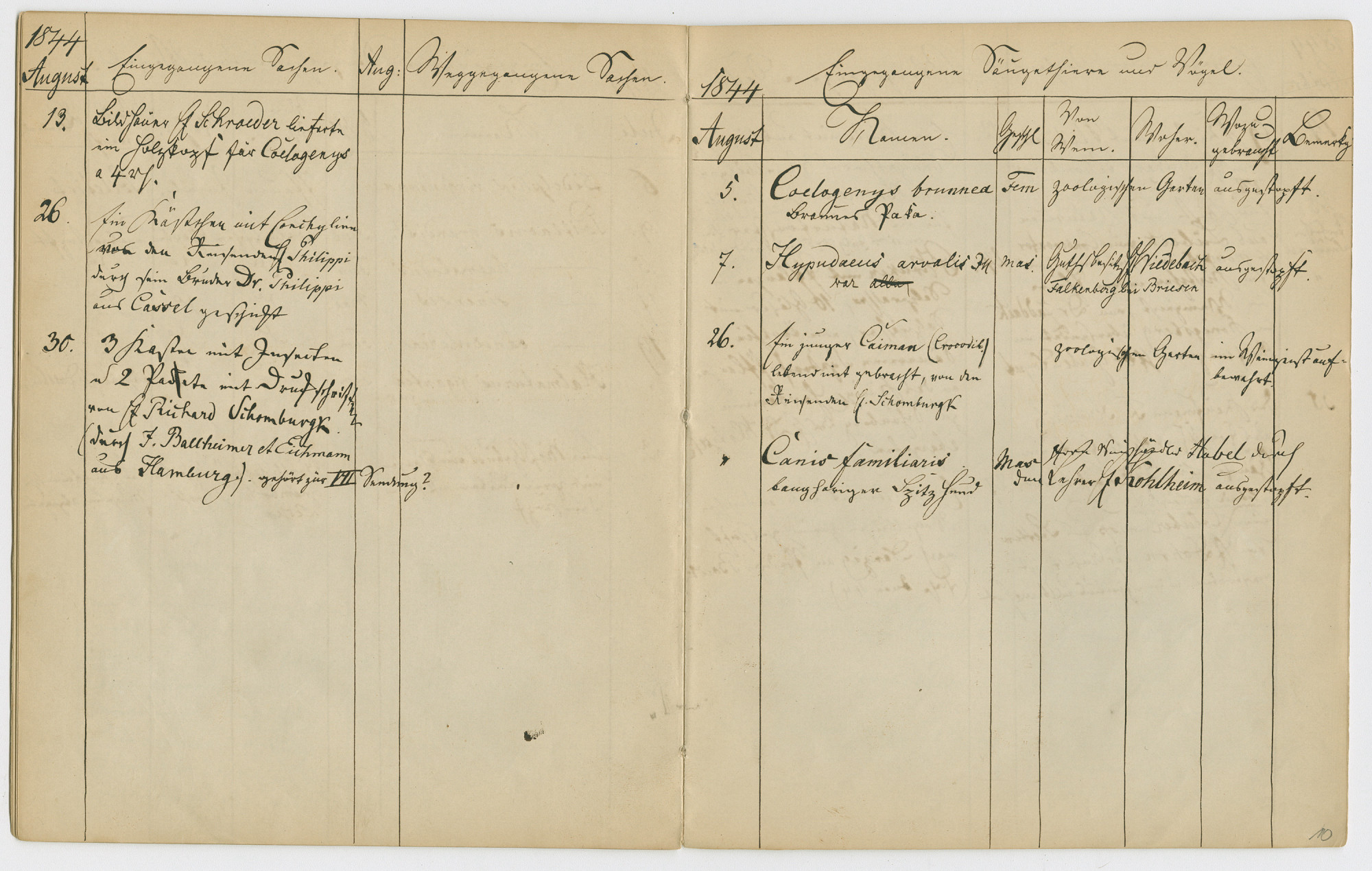 A double page of an open notebook reveals handwritten entries for the month of August 1844 in a hand-drawn table. 