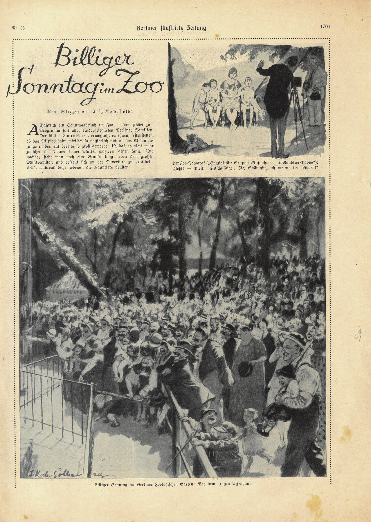 Newspaper. Title: Cheap Sundays at the zoo. Small illustration, top right: a photographer shoots a family with three lion cubs on their laps. Large illustration, bottom: smiling masses in front of a railing.