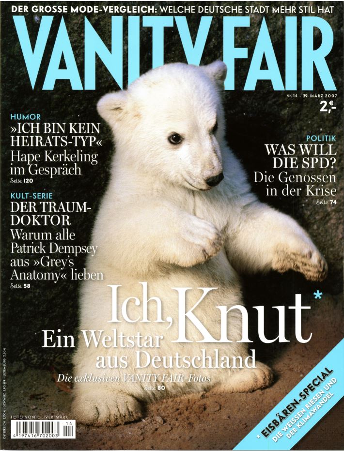 Titelseite der Vanity Fair vom 29. März 2007: Ich, Knut – Ein Weltstar auf Deutschland – Die exklusiven Vanity Fair-Fotos. Eisbären-Special – die weißen Riesen und der Klimawandel.