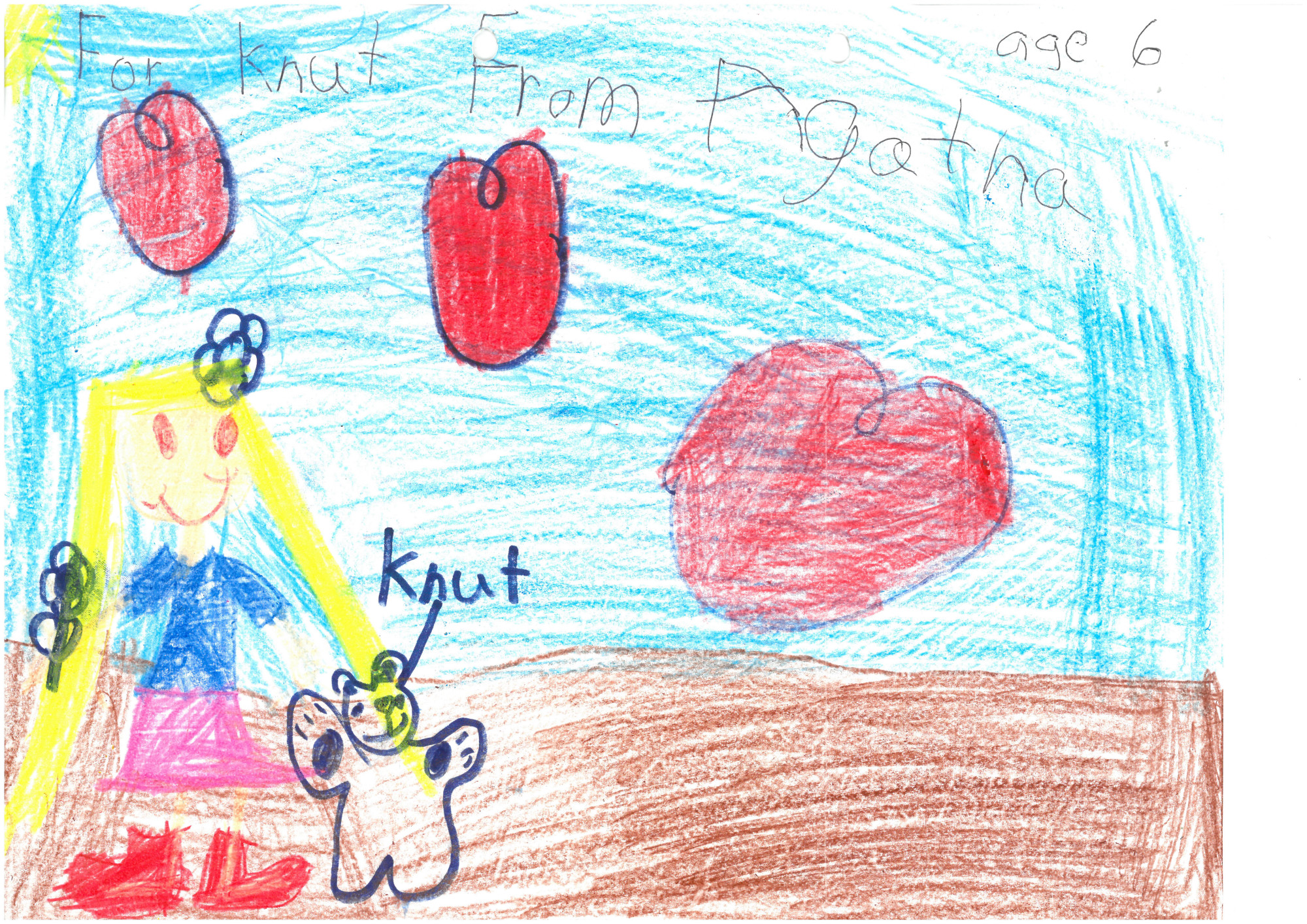 A colourful child's drawing: a polar bear labelled “Knut” stands beside a child with long blonde hair. Three large, round hearts float above them.