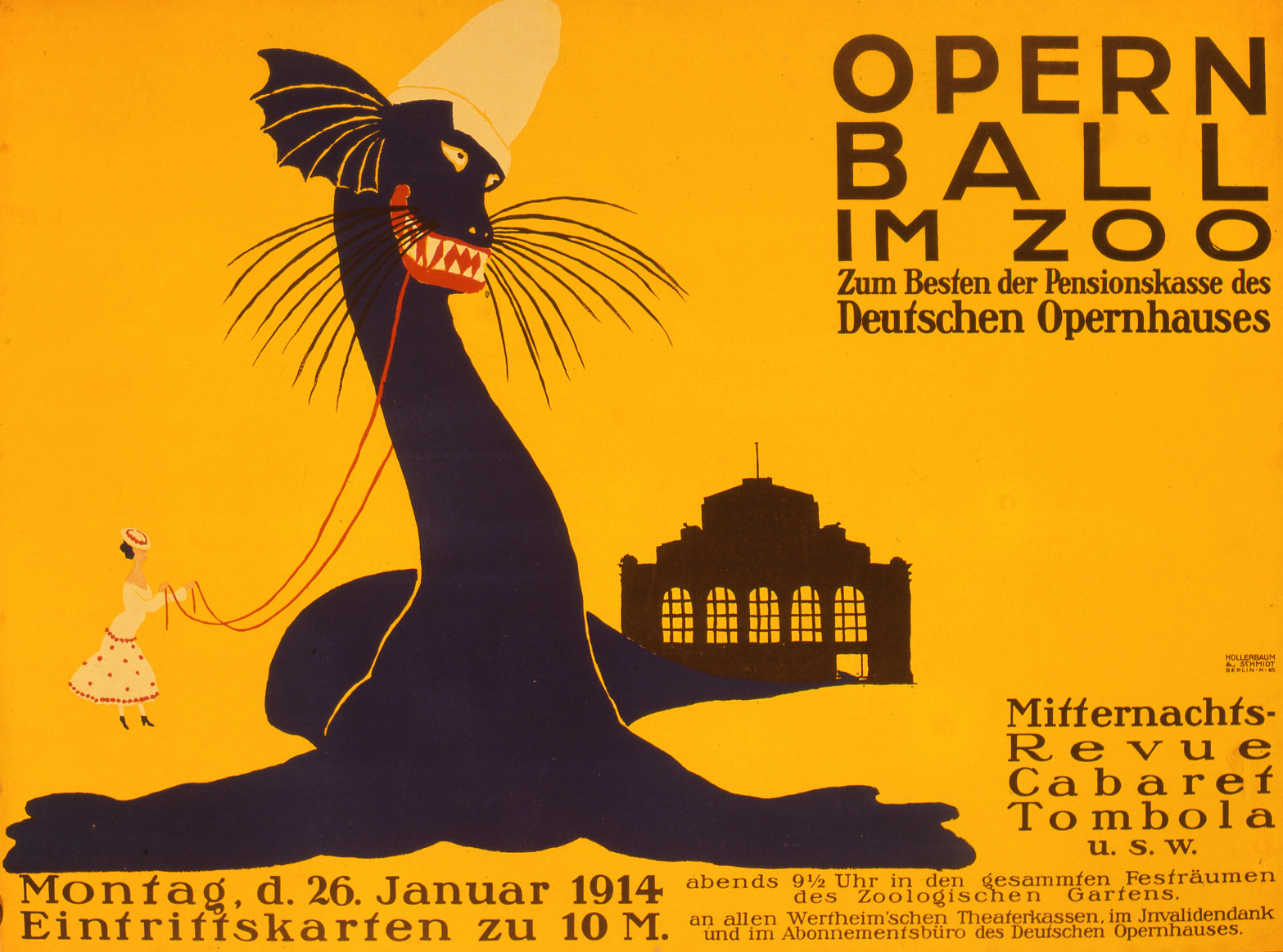 Yellow card with black fantasy dragon-like creature being held on reins by a small figure in a white spotted skirt. Text: Opera Ball at the Zoo: To Better the Pension Fund of the German Opera. Monday, 26 January 1914. Tickets for 10 M. Midnight revue, cabaret, tombola, etc. (…)