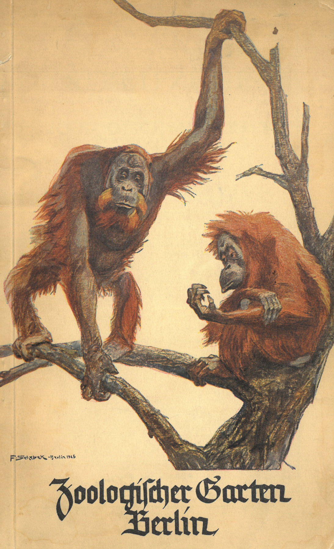 Cover picture of the signpost through the Zoological Garden Berlin 1927 with two red-haired apes sitting on a branch.