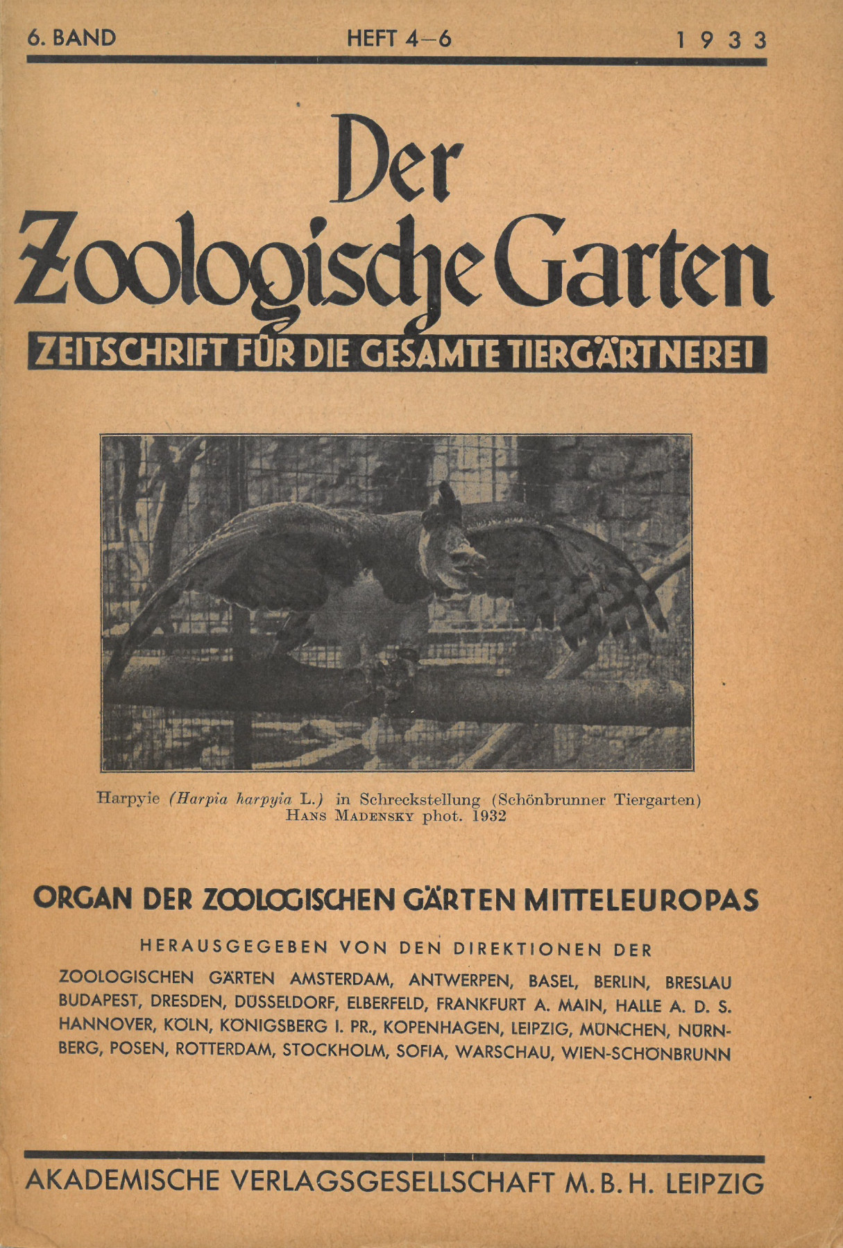 Cover page of Der Zoologische Garten with photograph of a harpy