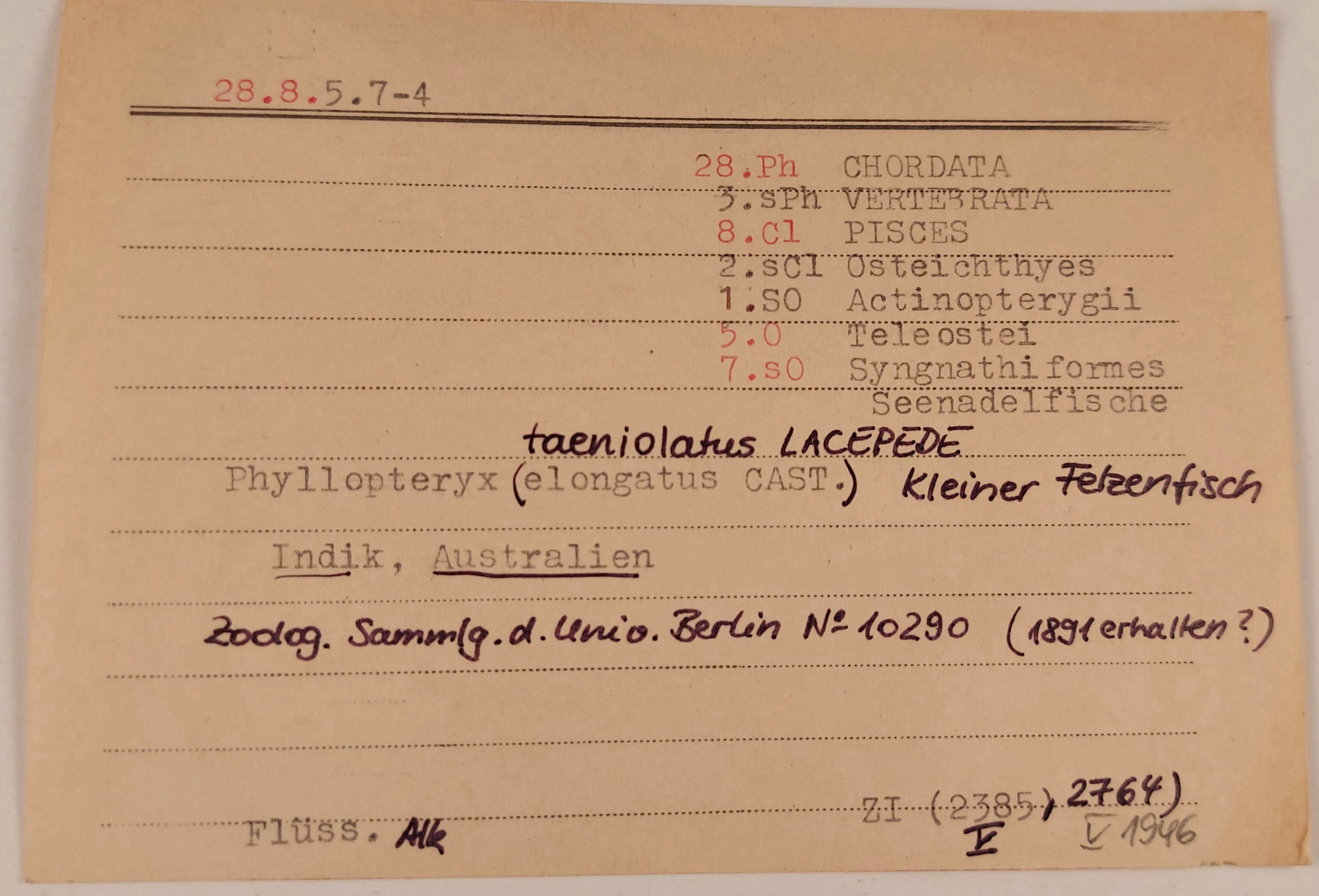 A slightly yellowed index card with typewritten and handwritten entries. See below for transcript.