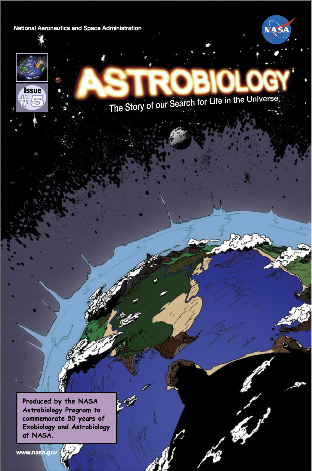 The first page of a comic titled “Astrobiology”, showing a view of the Earth from far away in space.
