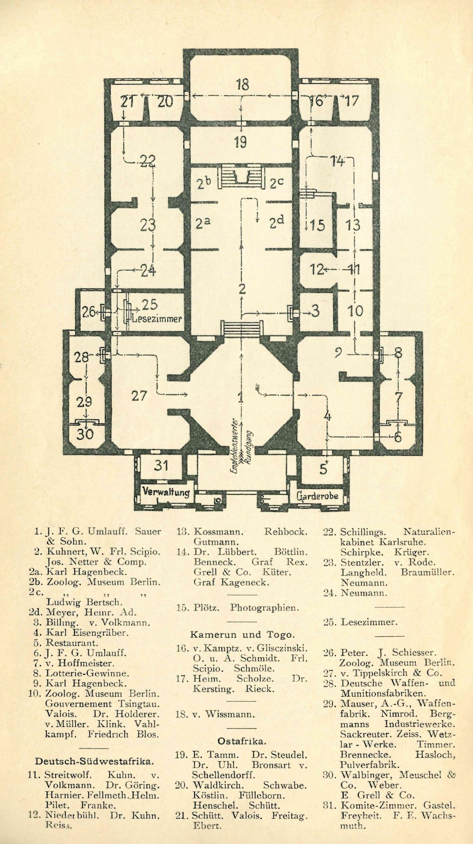 A floor plan with a legend explaining the numbers of 31 individual rooms drawn on the plan.