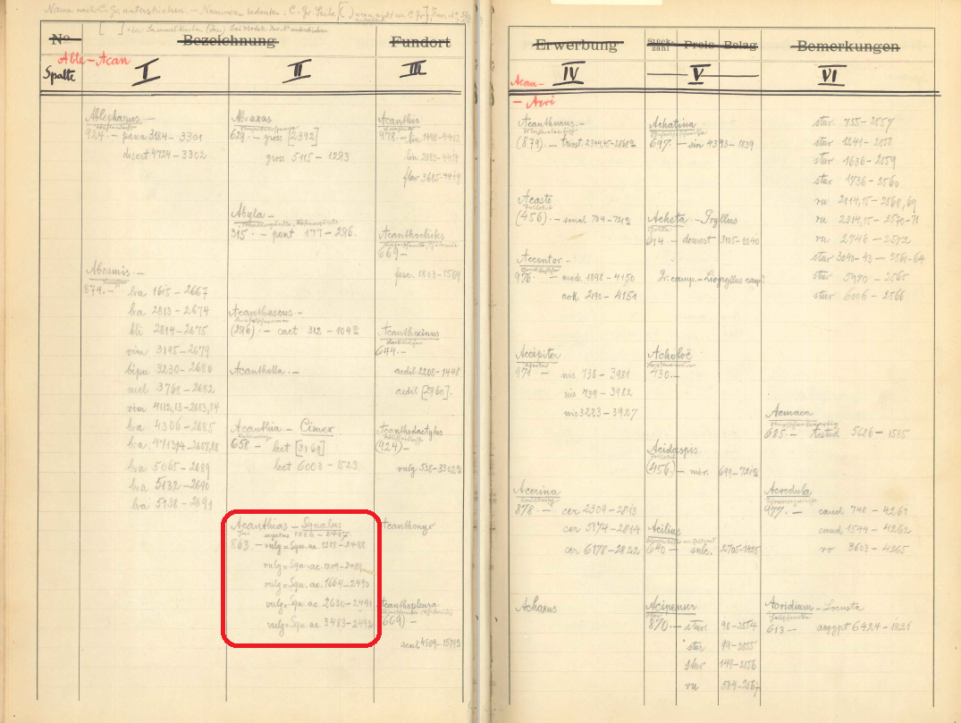 Double page from inventory book with preprinted columns. Clustered entries on both pages that do not follow the specified column contents. A red square marks the area in the bottom left.
