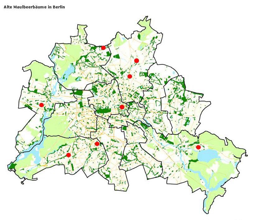 Map with the outlines of Berlin with district borders, water, and green areas marked. Eight red dots are scattered throughout Berlin.