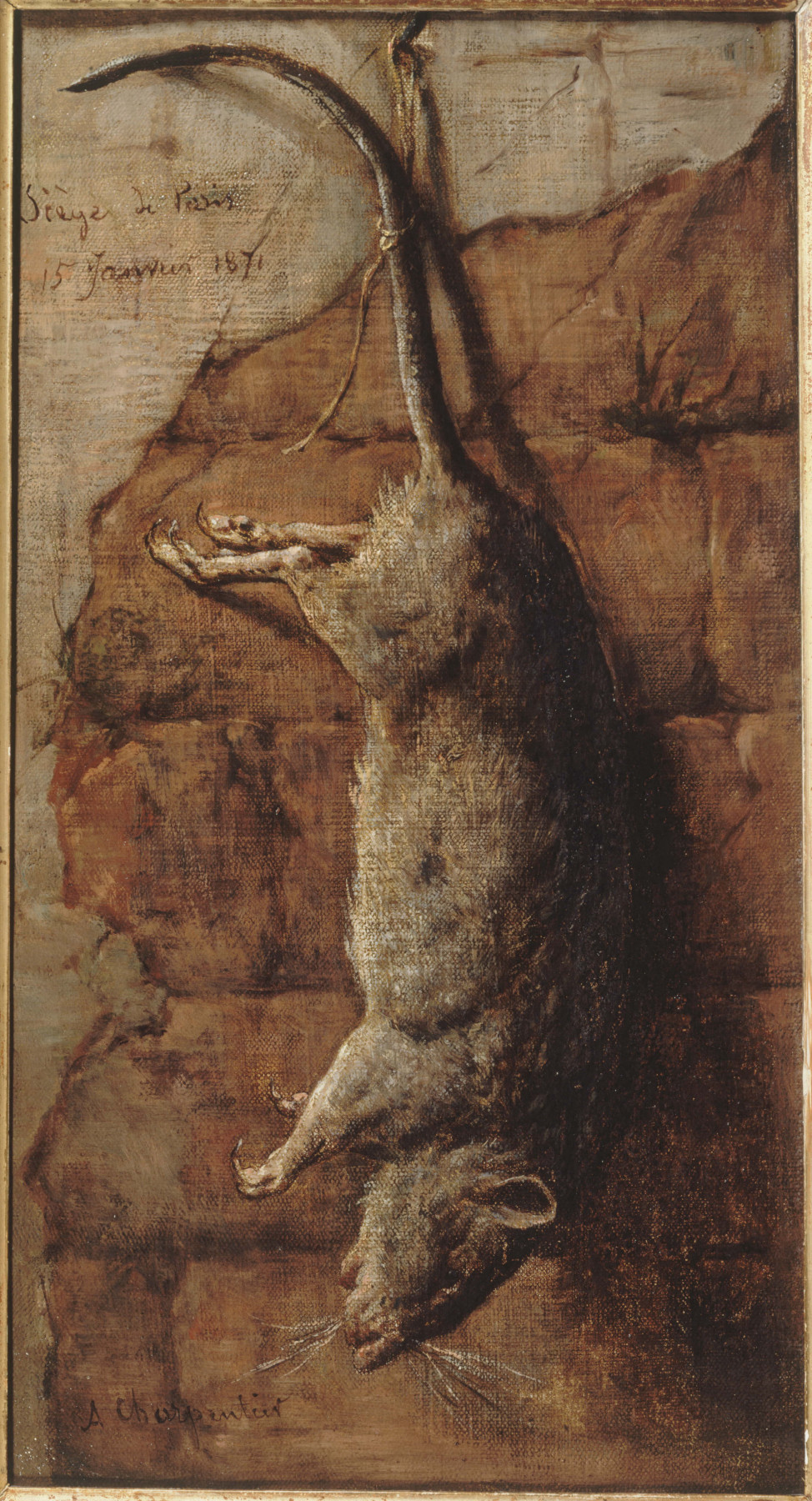 A painting shows a rat in front of a brownish background. It is hanging upside down with its tail bound to a nail.